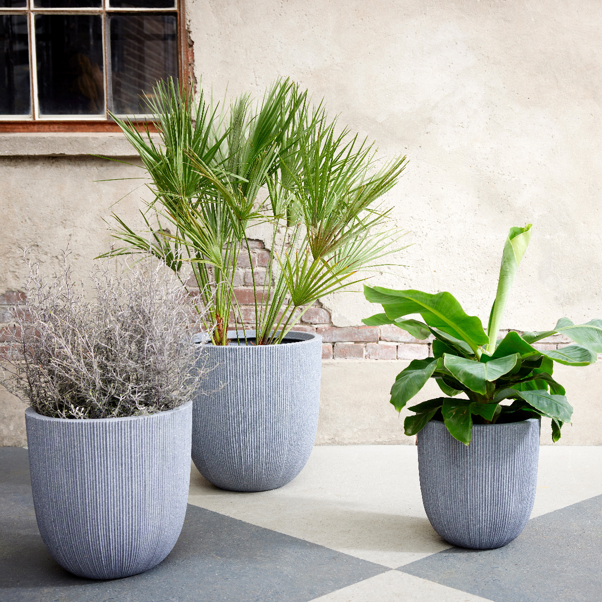 Blumentopf Outdoor geriffelt 31-44cm Kunststoff Grau 3er Set