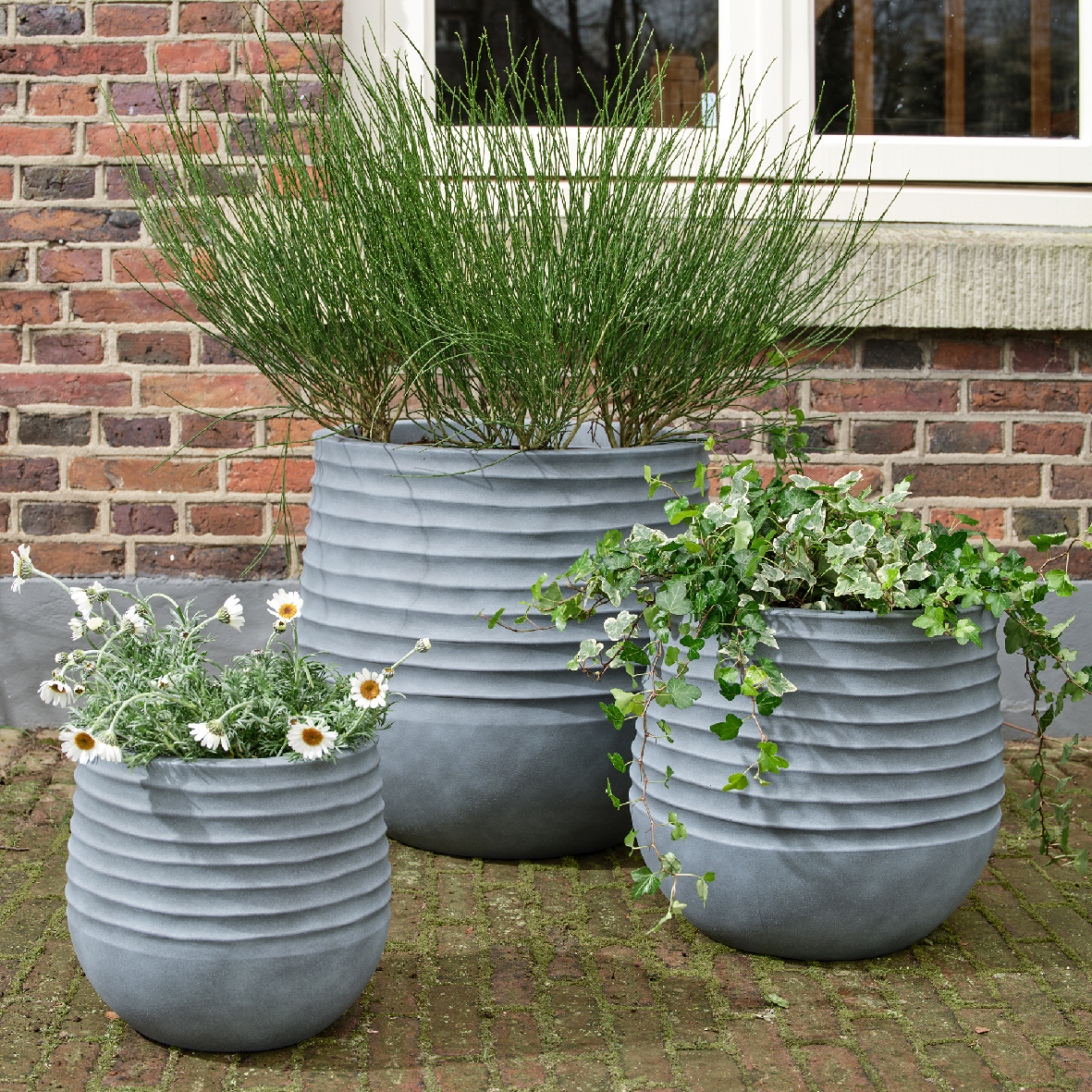Blumentopf Outdoor mit Rillen 28-49cm Kunststoff Grau 3er Set