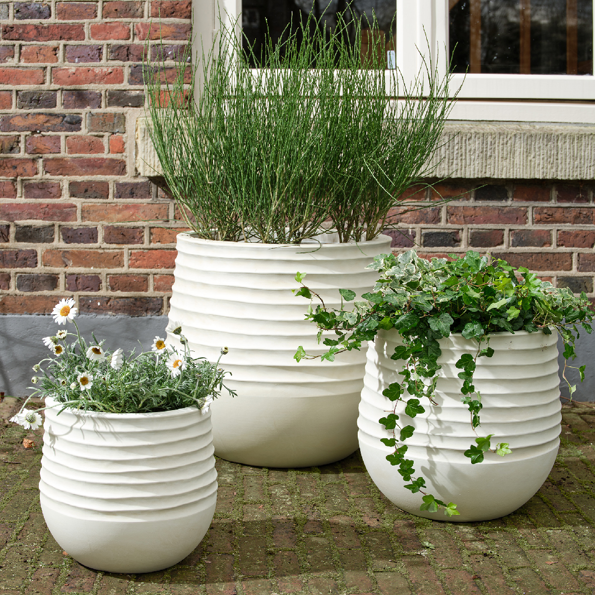 Blumentopf Outdoor mit Rillen 28-49cm Kunststoff Creme Weiß 3er Set