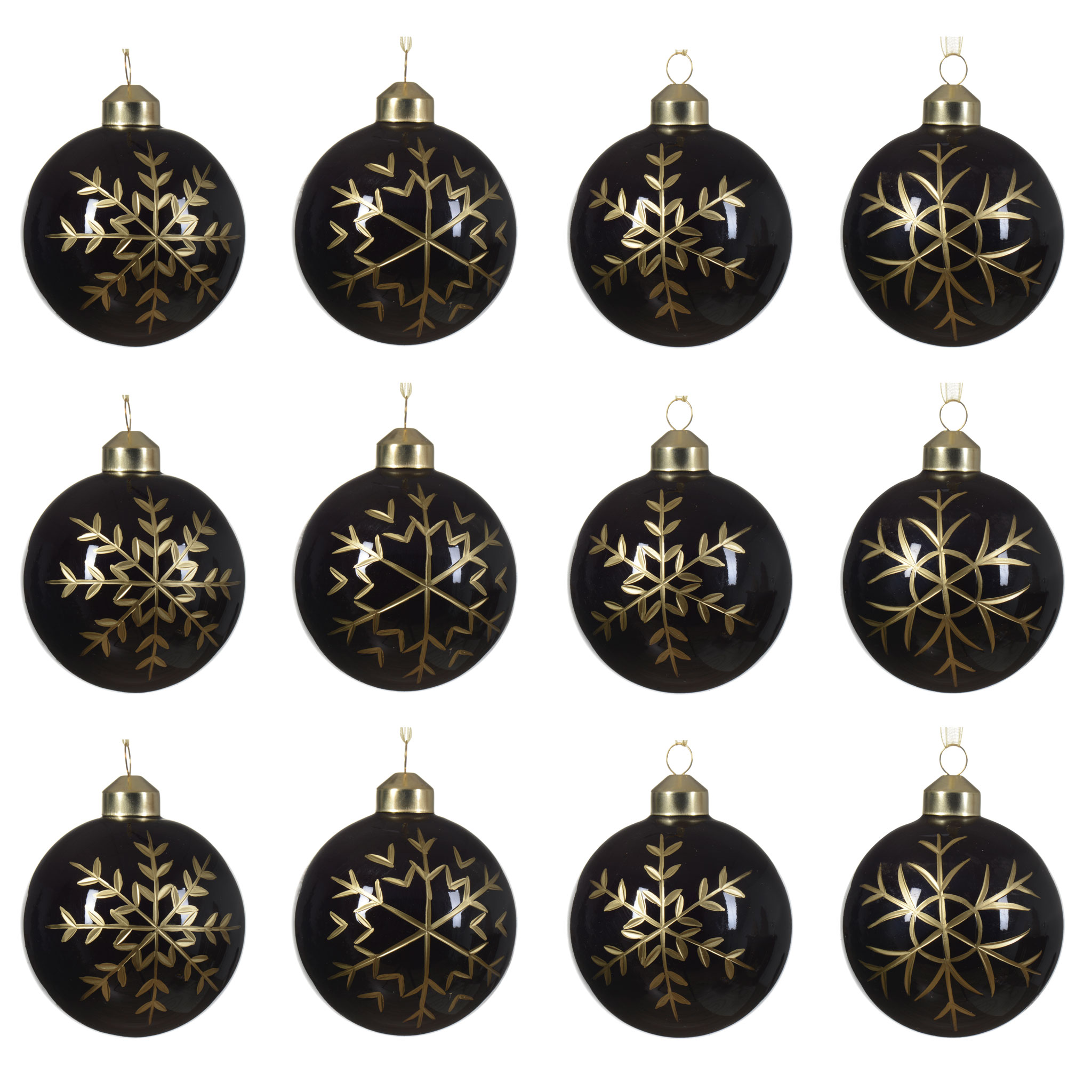 Weihnachtskugeln Glas 8cm mit Schneeflocken Muster 12er Set Schwarz / Gold