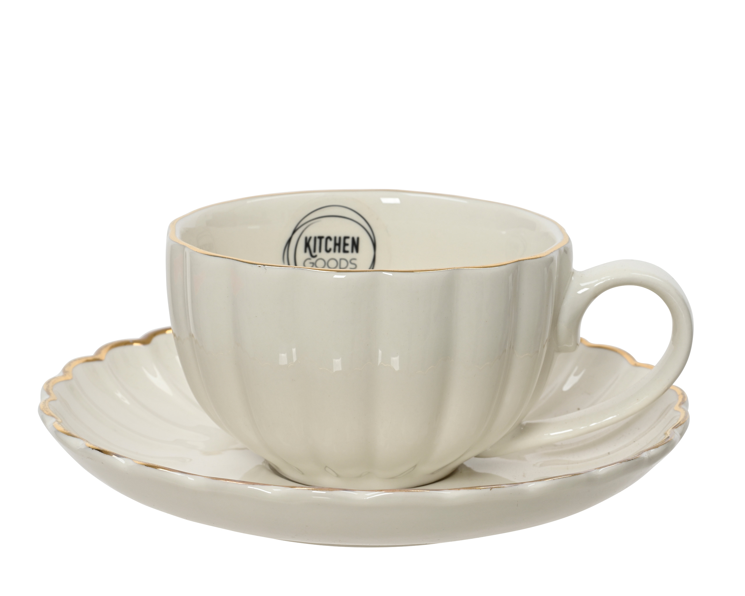 Tasse mit Untertasse Porzellan mit Griff 6cm gerillt Creme Weiß