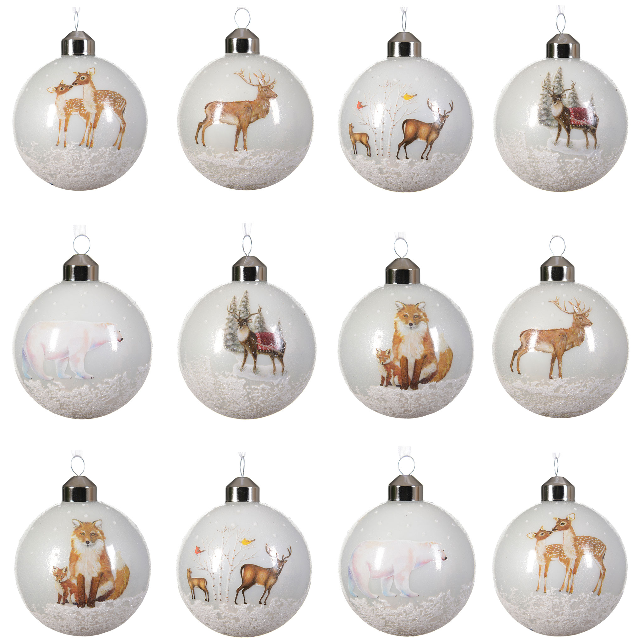 Weihnachtskugeln Glas 8cm mit Tier Motiv 12er Set Weiß