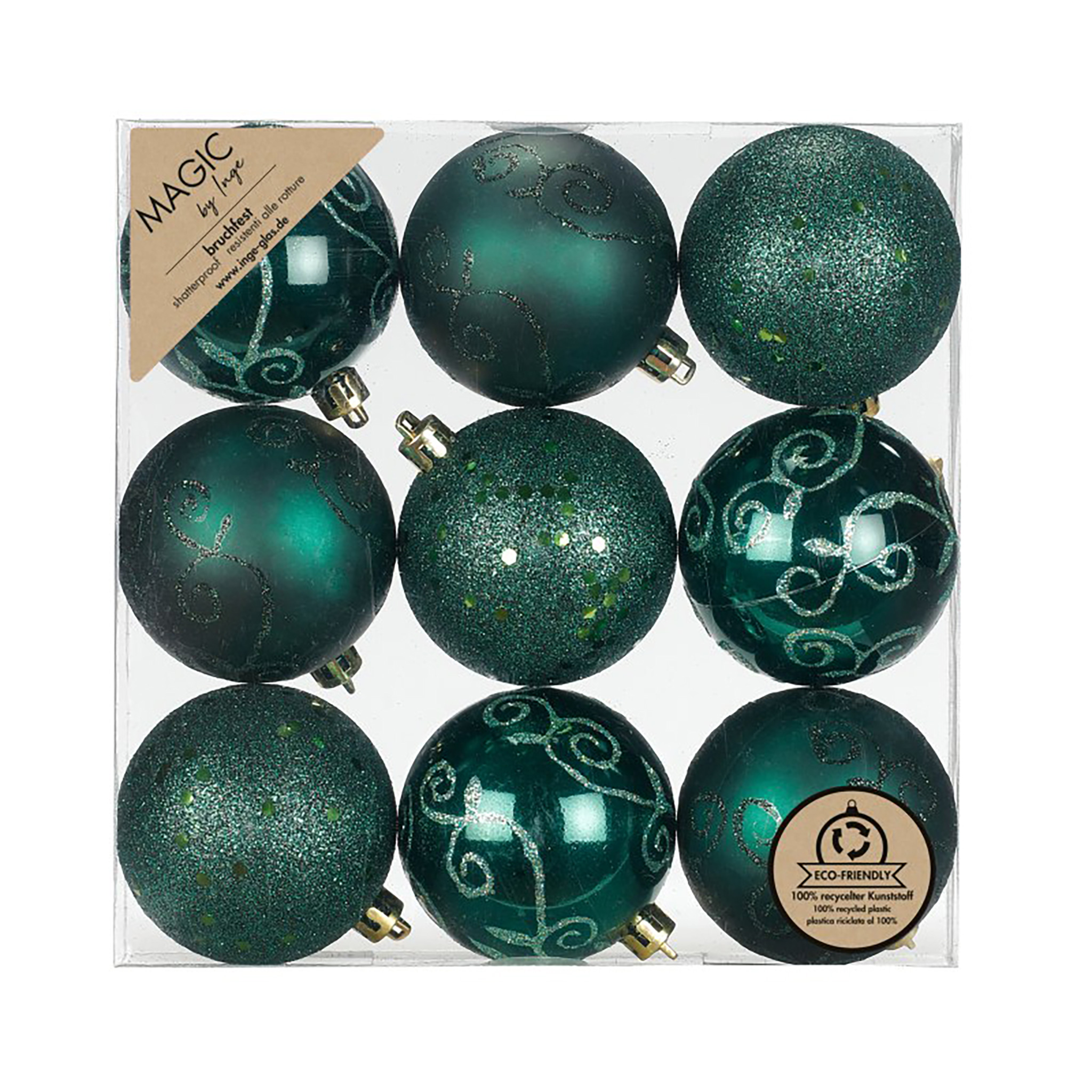 Weihnachtskugeln Kunststoff 6cm mit Glitzer 9er Set - Noble Green