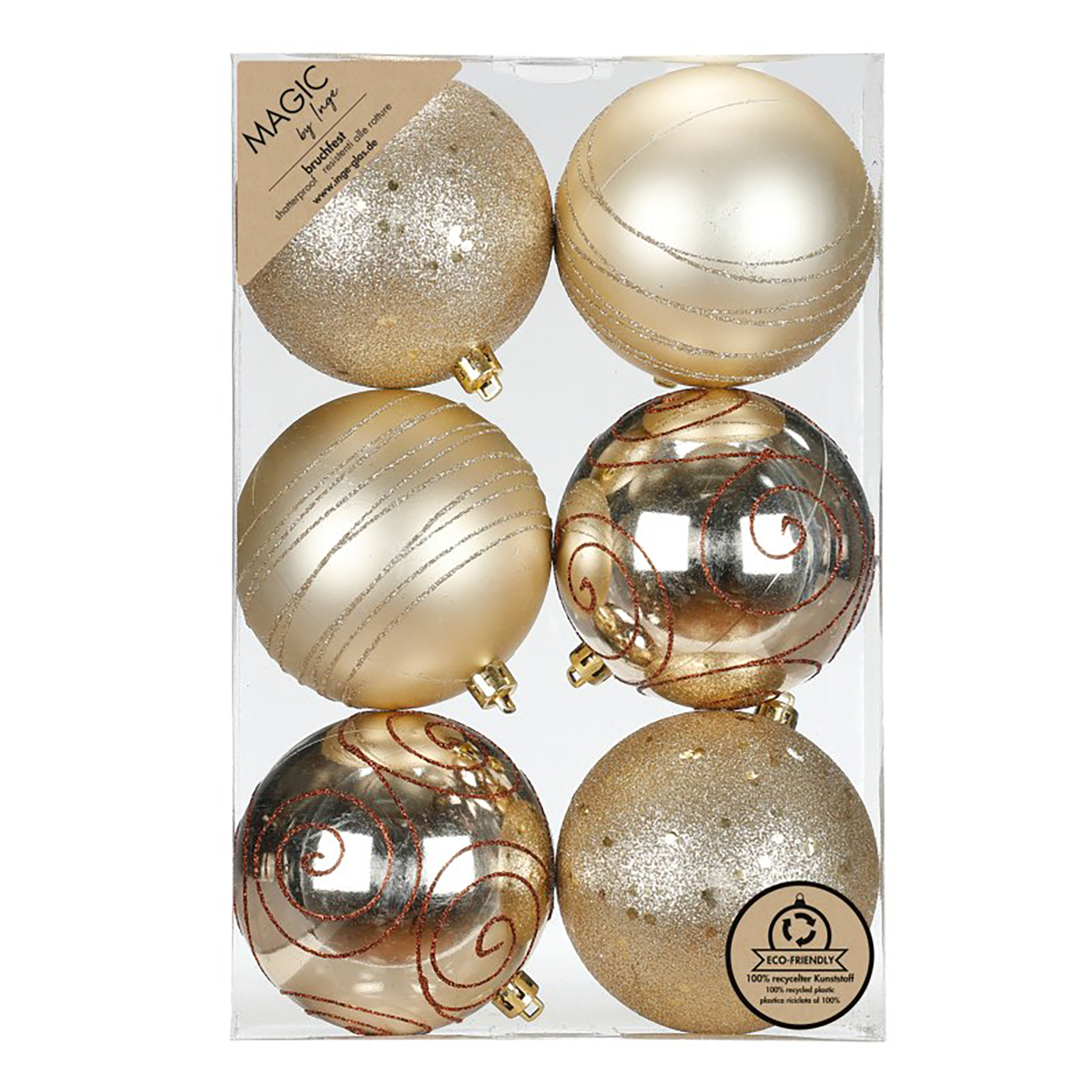 Weihnachtskugeln Kunststoff 8cm mit Glitzer 6er Set - Creamy Gold