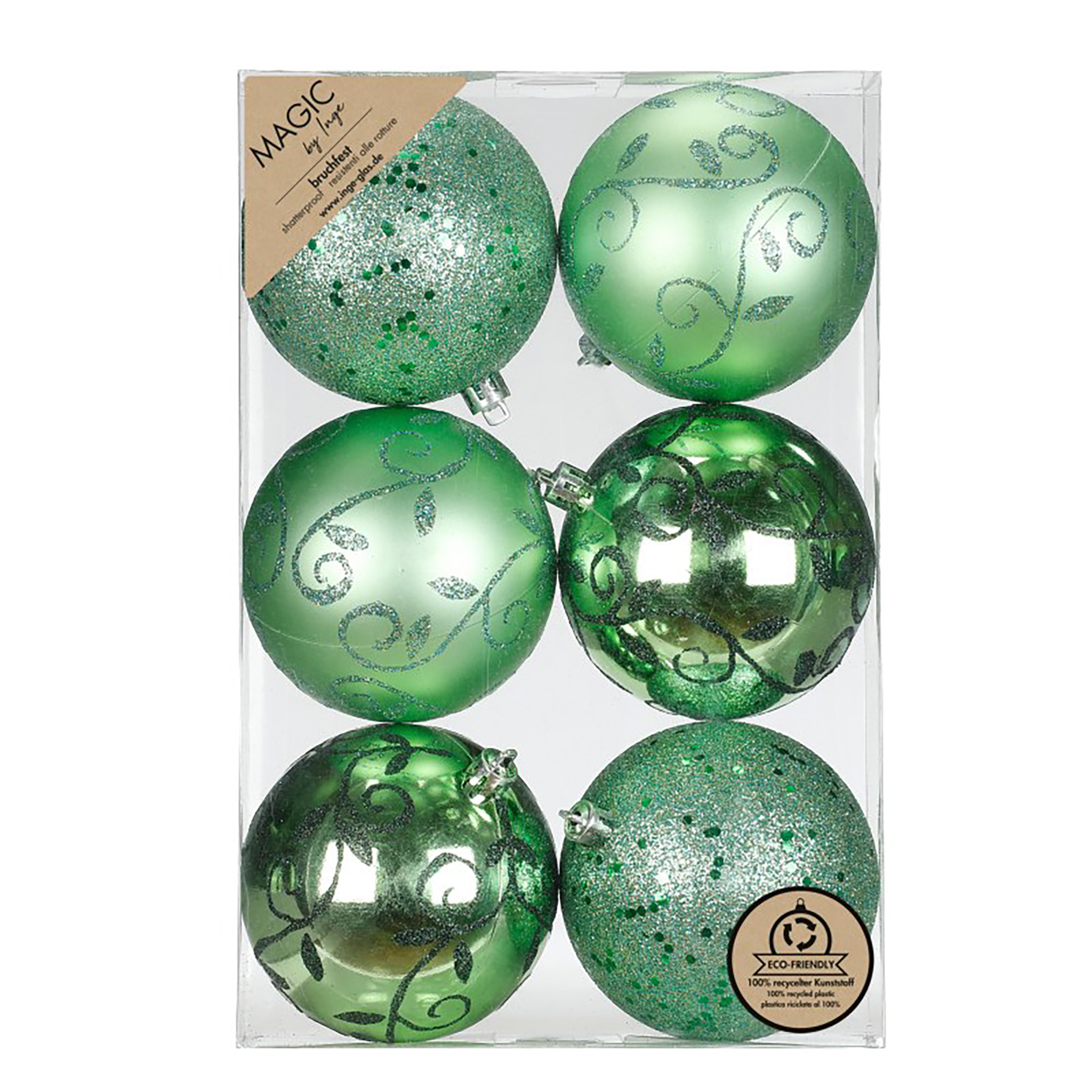 Weihnachtskugeln Kunststoff 8cm mit Glitzer 6er Set - Paradise Green