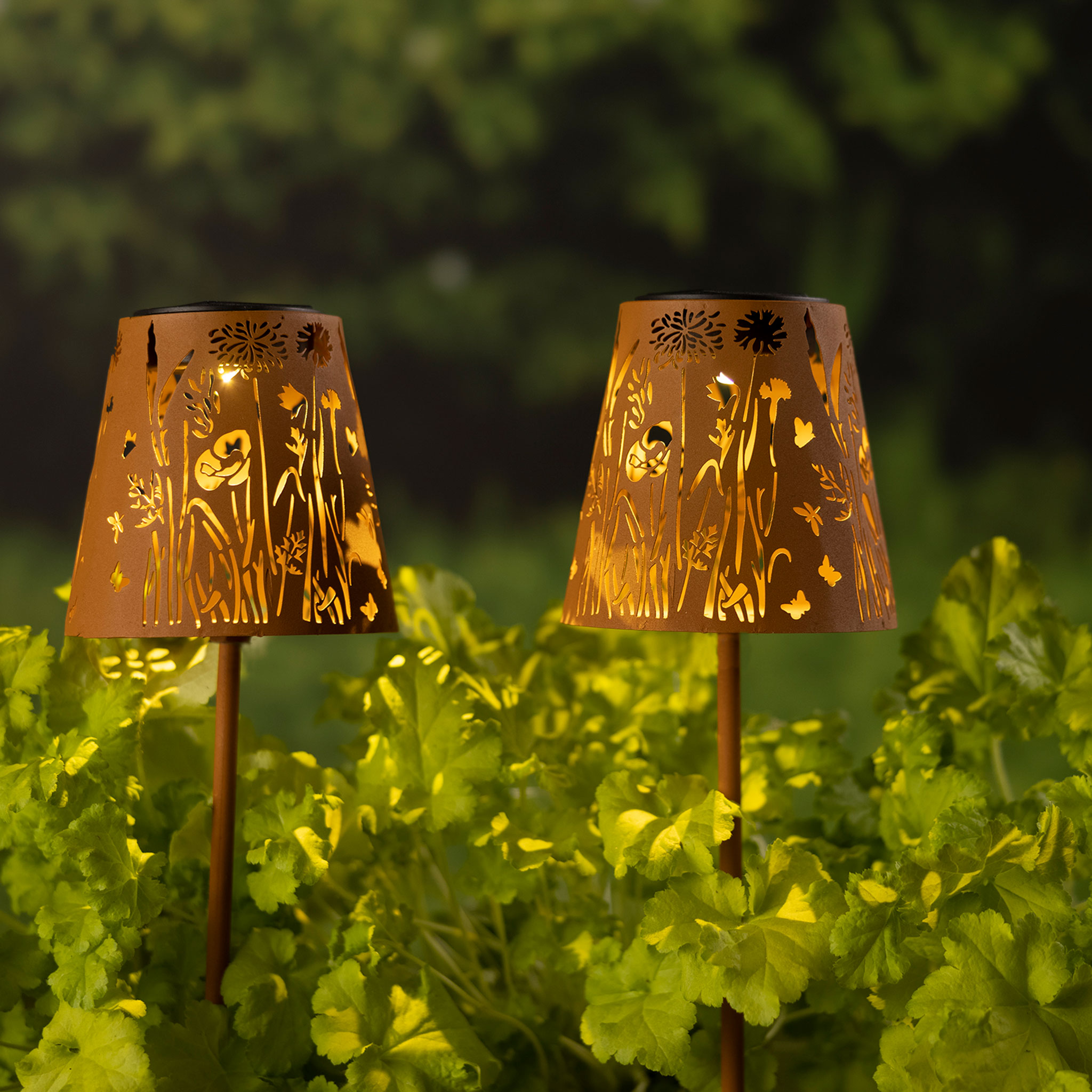 LED Solar Gartenleuchten mit Erdspieß 58cm Metall 2er Set Warmweiß