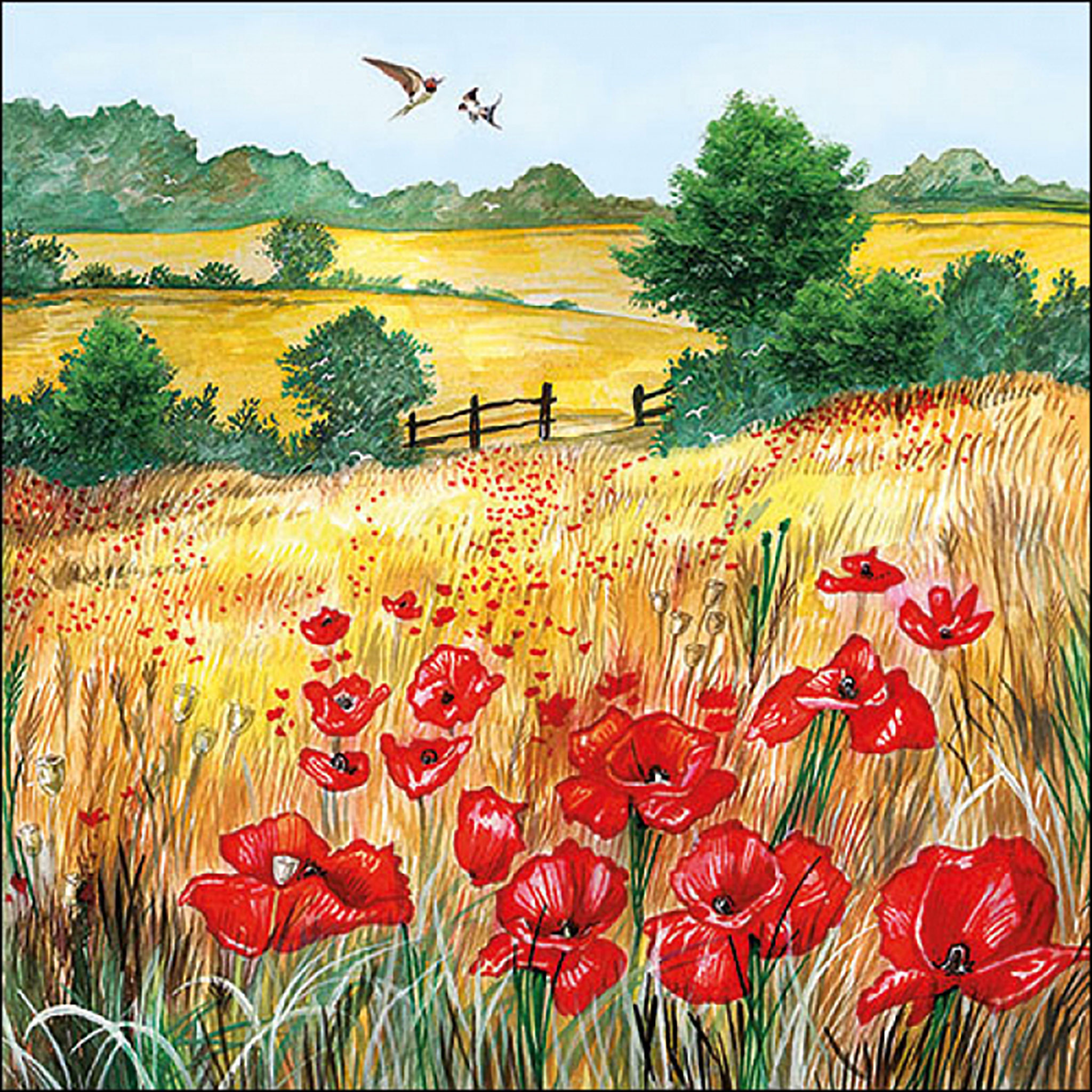 Servietten Papier 33x33cm 3-lagig mit Mohnfeld Motiv 20 Stück