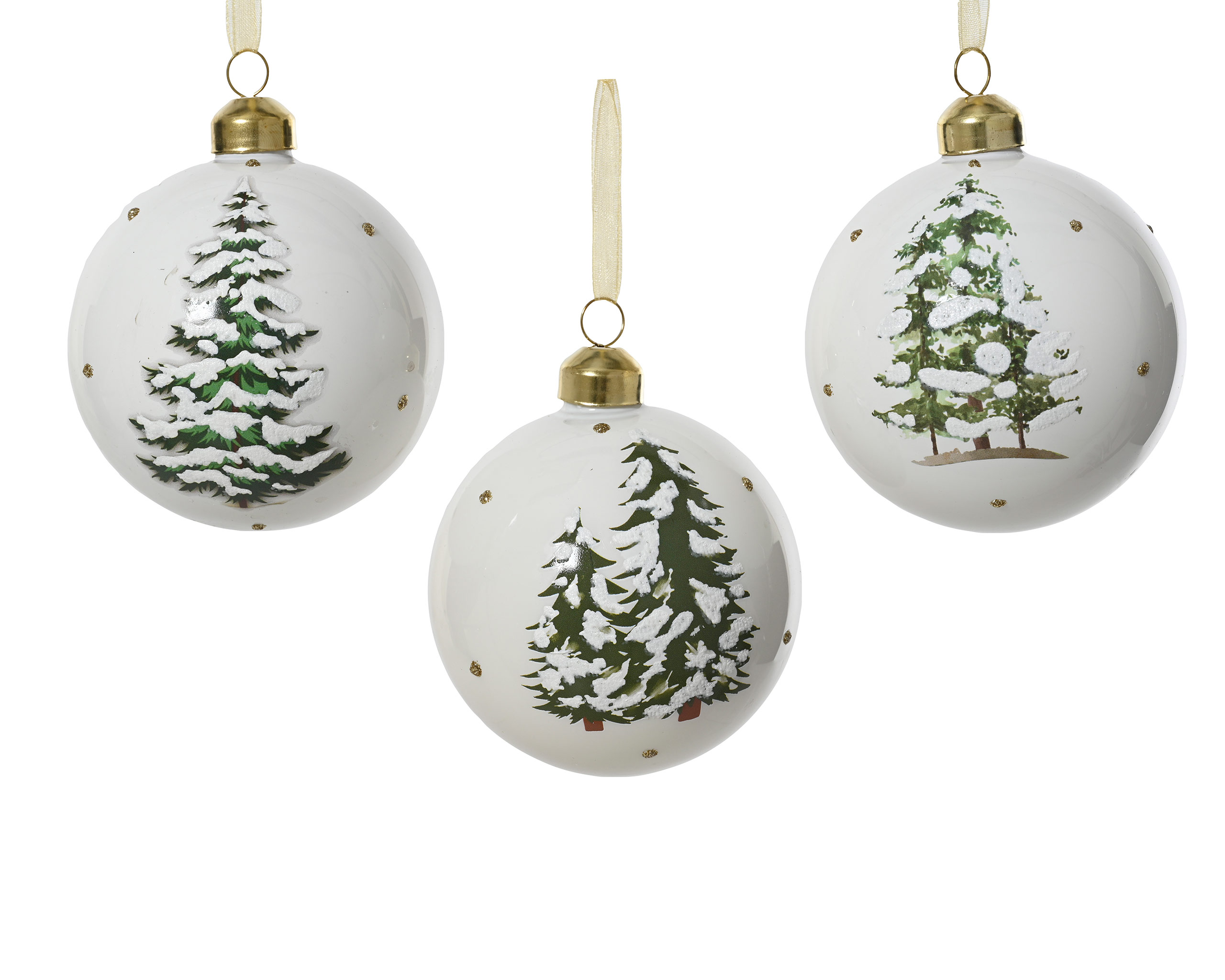 Weihnachtskugeln Glas 8cm mit Tannenbaum Motiv 3er Set weiß