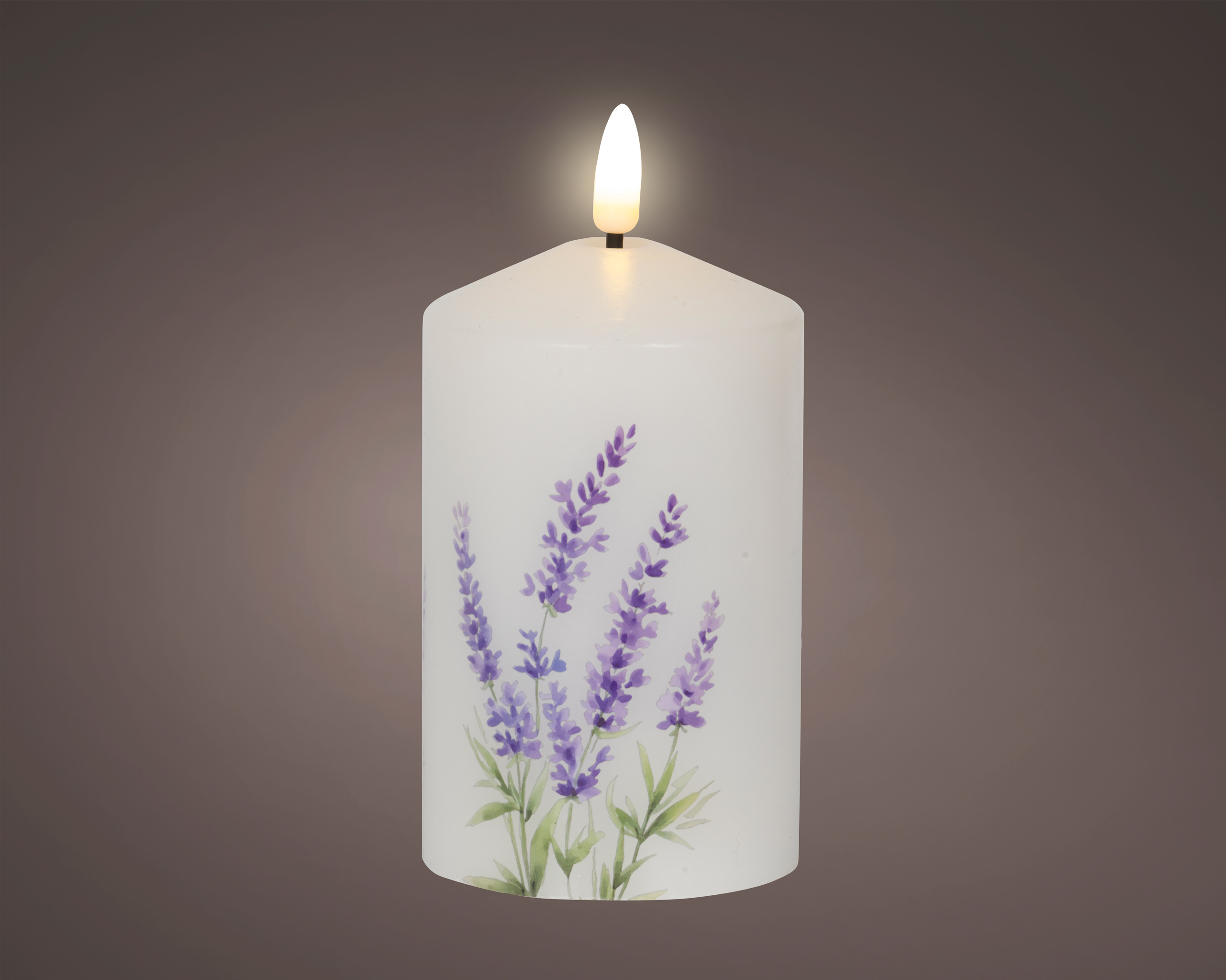 LED Kerze 7x14,5cm Lavendel Motiv Wachs Batterie Weiß