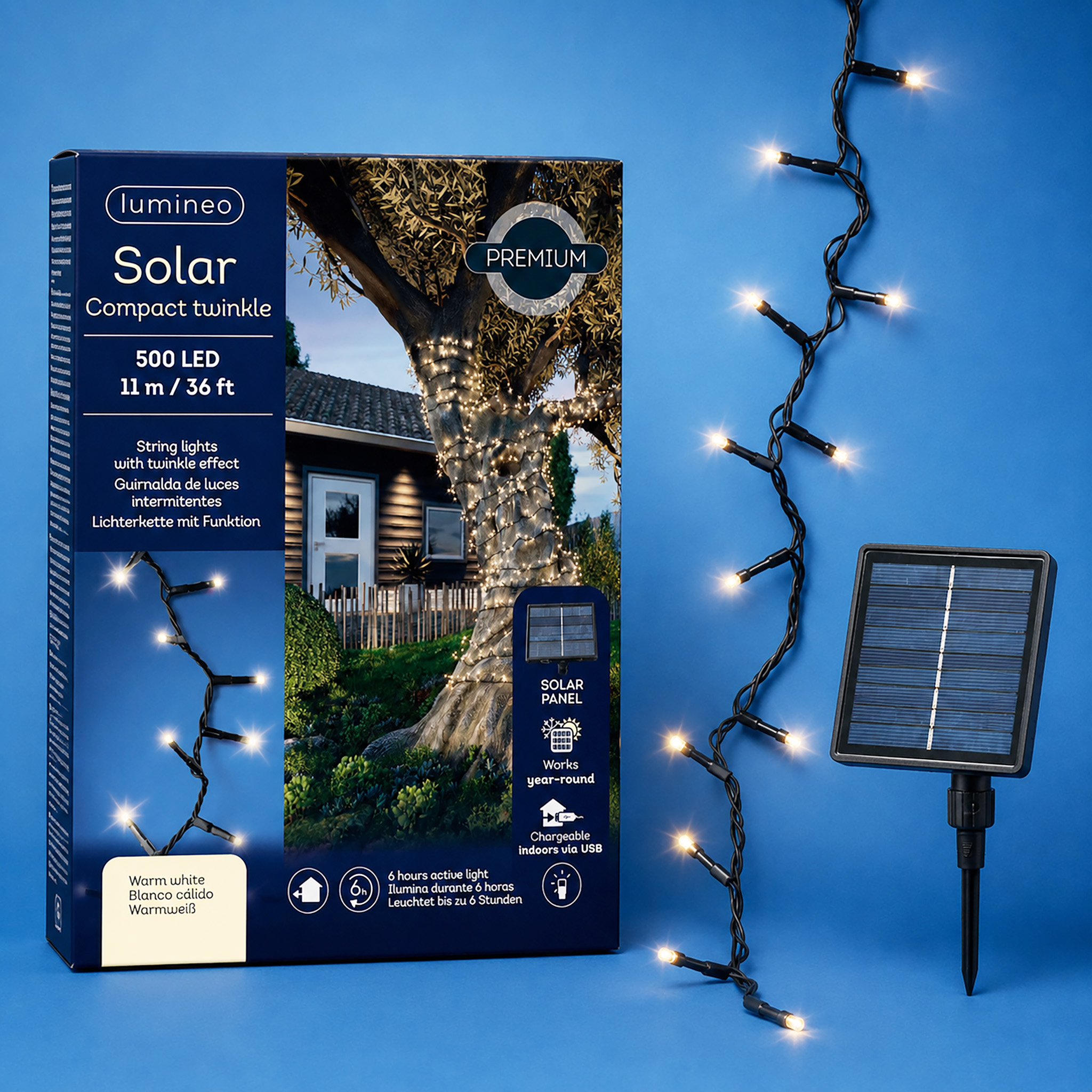 Solar LED Lichterkette 11m USB aufladbar 500 LEDs Schwarz / Warmweiß