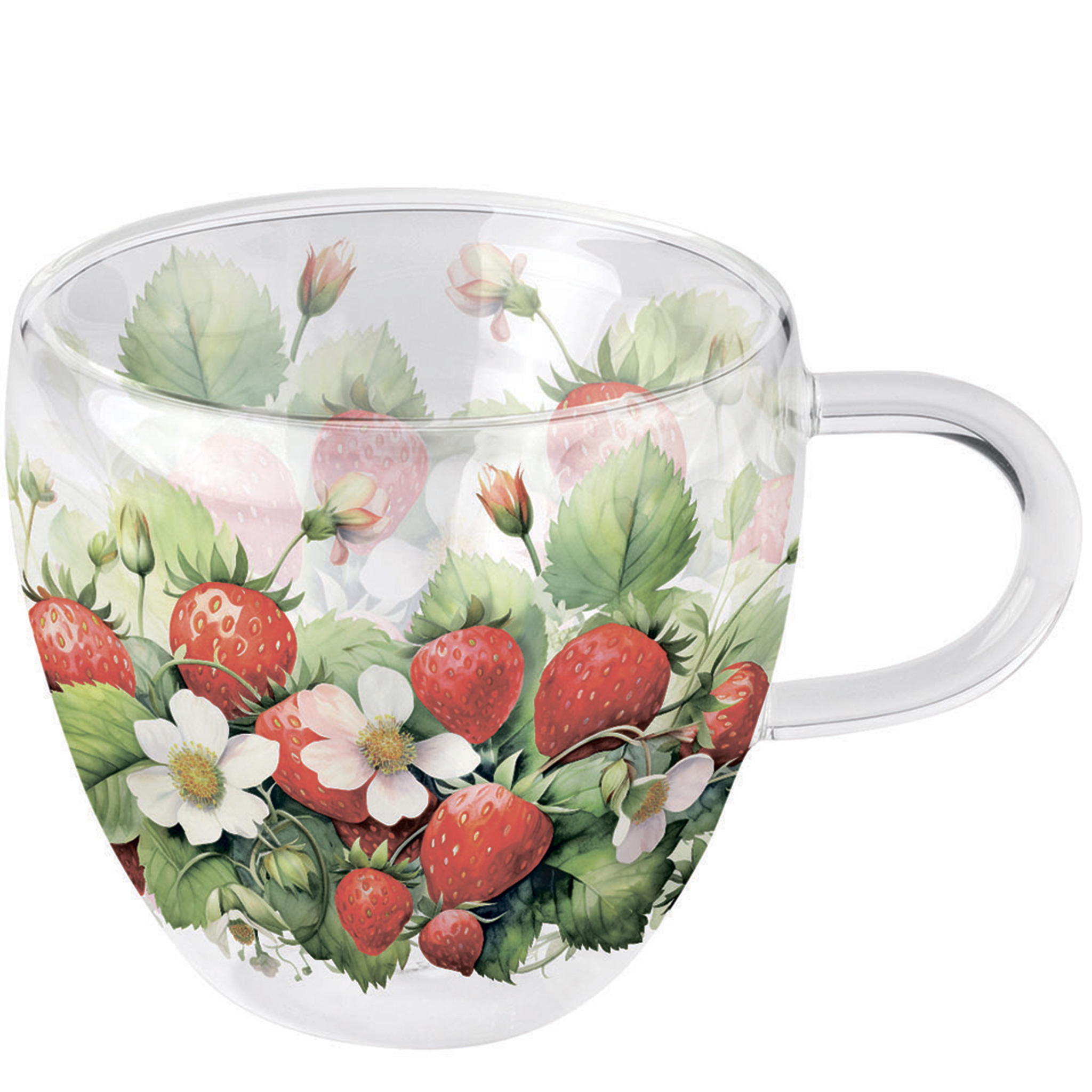 Tasse 10cm Glas doppelwandig 0,2L mit Erdbeerblüten Motiv