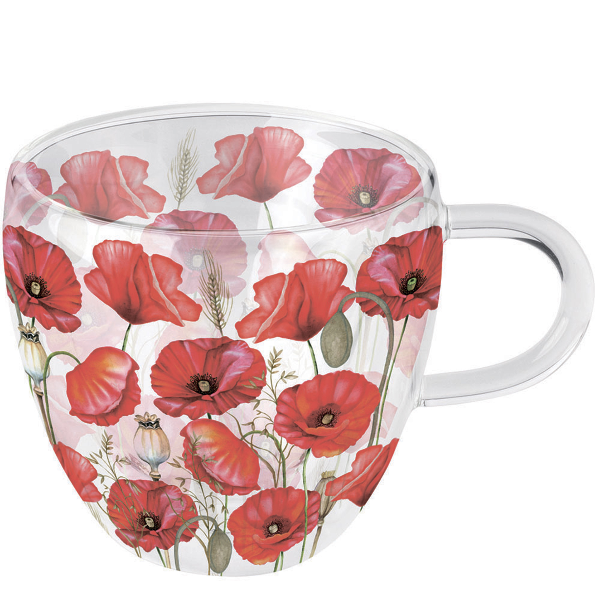 Tasse 10cm Glas doppelwandig 0,2L mit rotem Mohnblumen Design