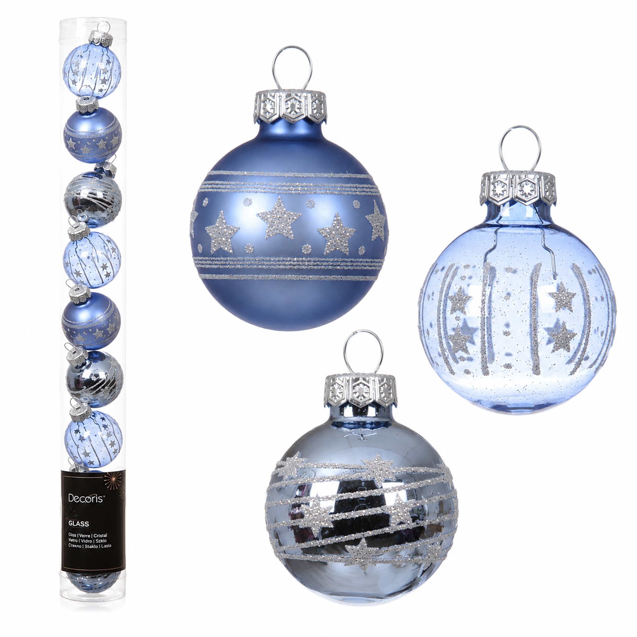 Weihnachtskugeln Glas mit Motiven 3cm 9 Stk. Blau Mix transparent