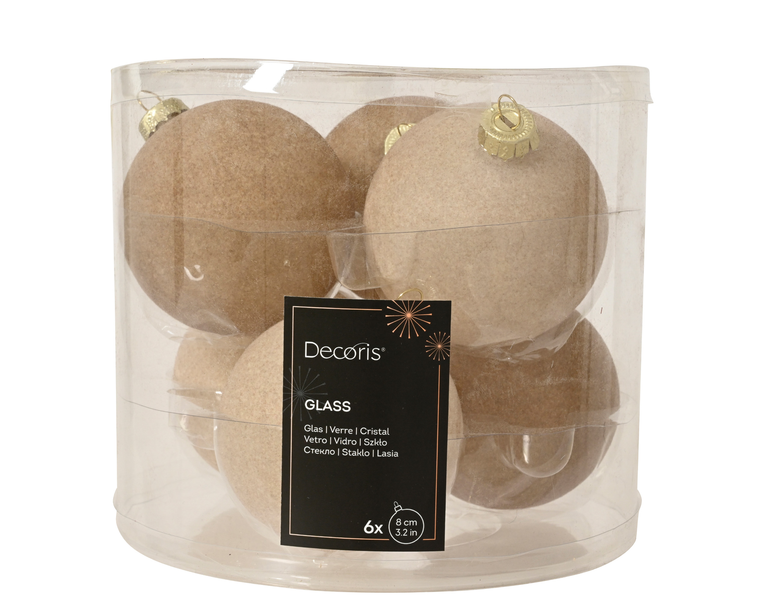 Weihnachtskugeln Glas 8cm Mix Samtoptik 6er Set - Taupe