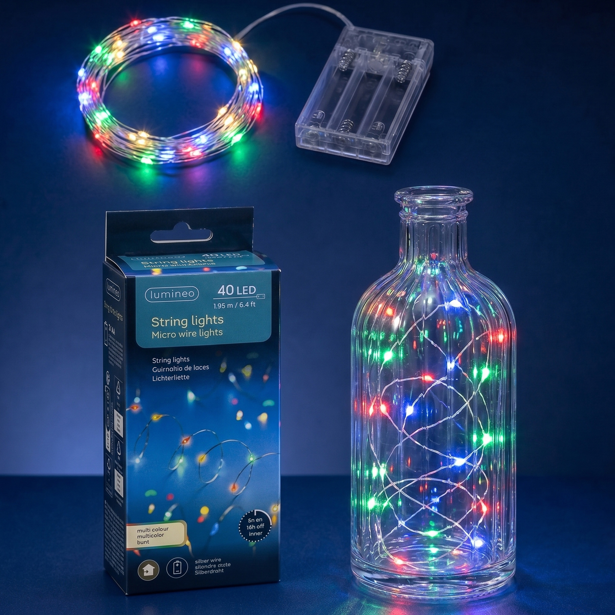 LED Draht Lichterkette 1,95m Batterie 40 Micro-LEDs Bunt / Silber