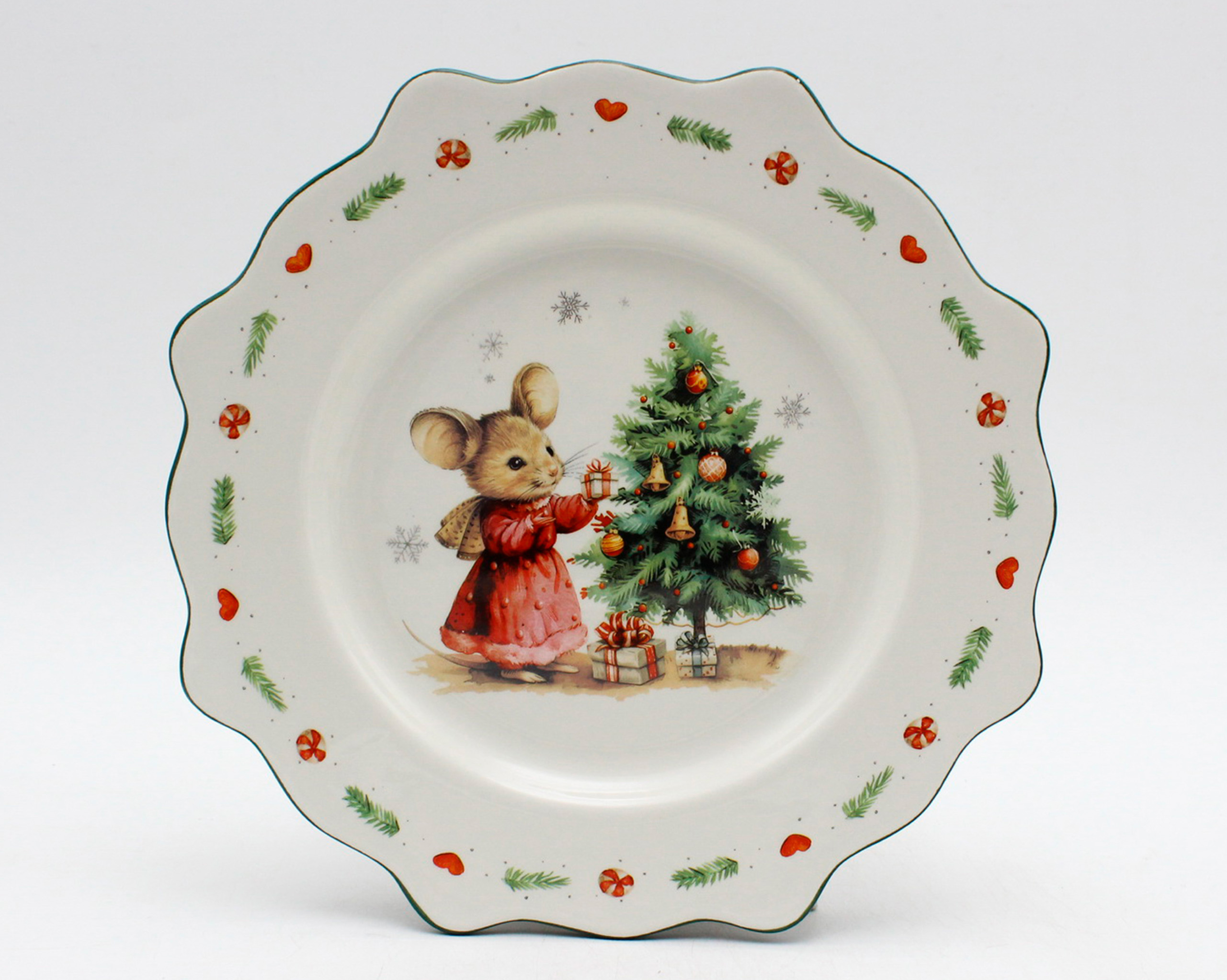 Teller 26cm Keramik Weihnachtsmaus mit Tannenbaum Motiv Weiß / Bunt