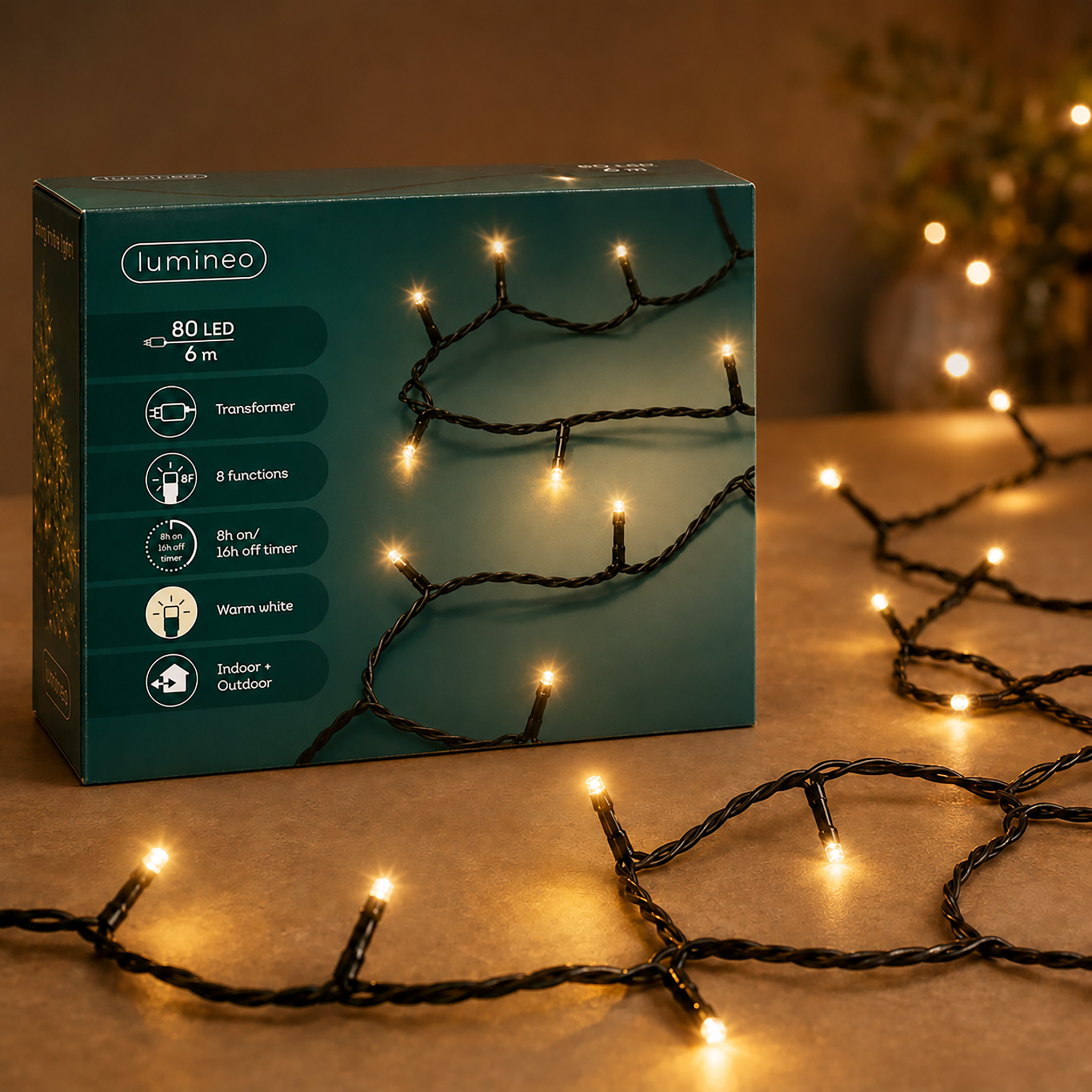LED Lichterkette 6m Basic mit Trafo 80 LEDs Warmweiß / Schwarz