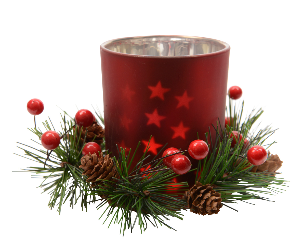 Windlicht Glas mit Adventsgesteck 8cm, rot