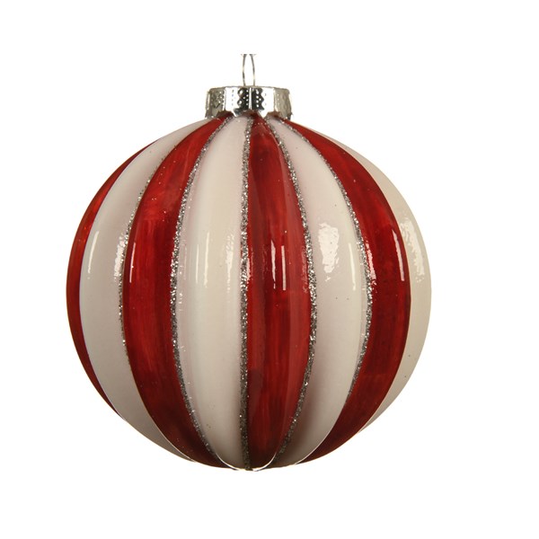 Weihnachtskugeln Glas mit Streifen geriffelt 8cm rot / weiß, 3er Set