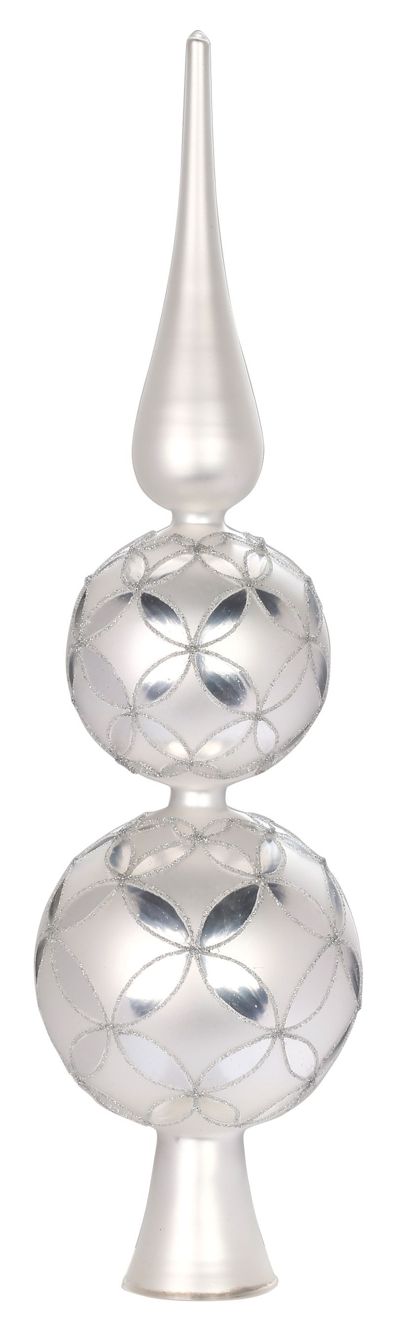 Christbaumspitze Glas mit Muster und 2 Kugeln 37cm Frosty Silver