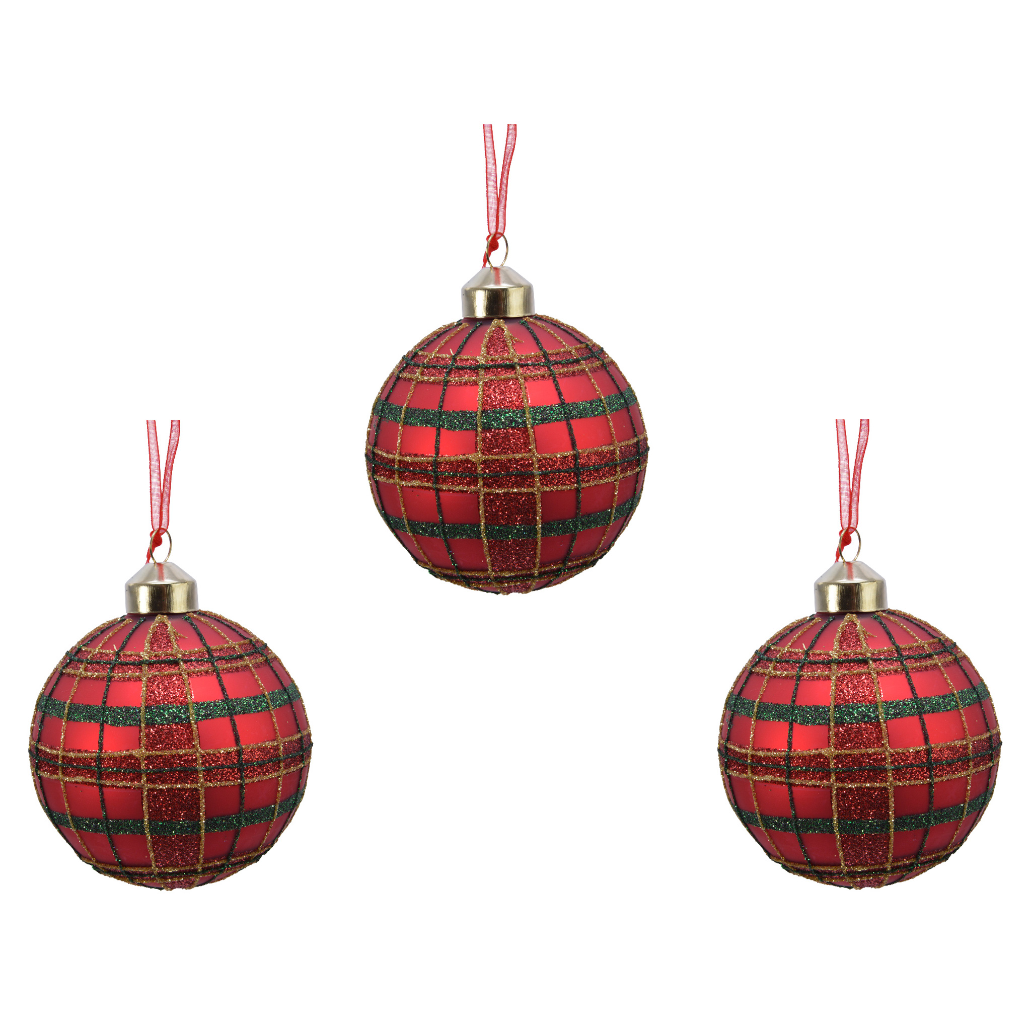 Weihnachtskugeln Glas Schottenkaro Muster 8cm weihnachtsrot, 3er Set