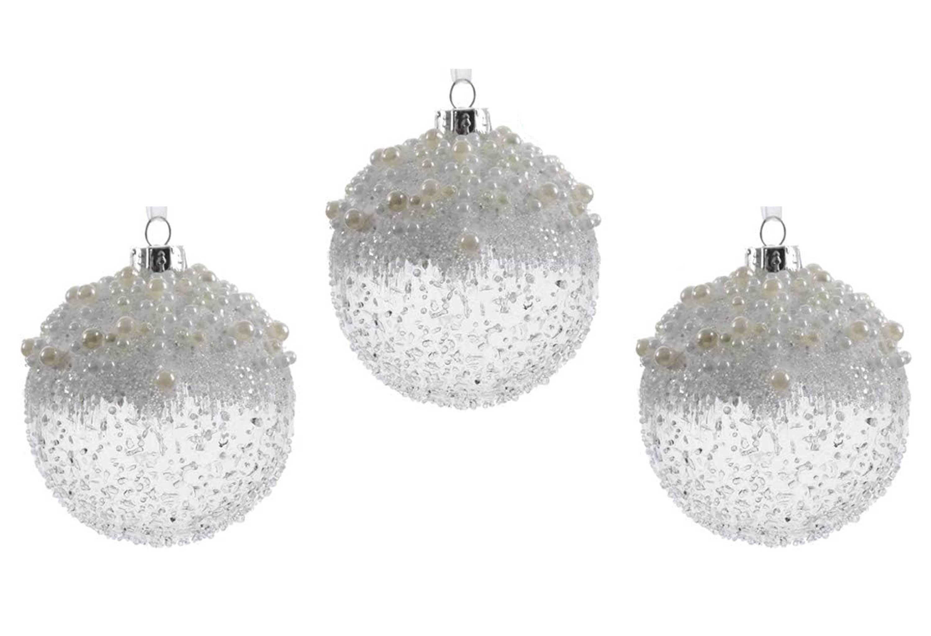 Weihnachtskugeln Glas mit Perlen Schnee 8cm klar transparent, 3er Set