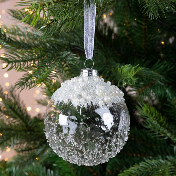Weihnachtskugeln Glas mit Perlen Schnee 8cm klar transparent, 3er Set