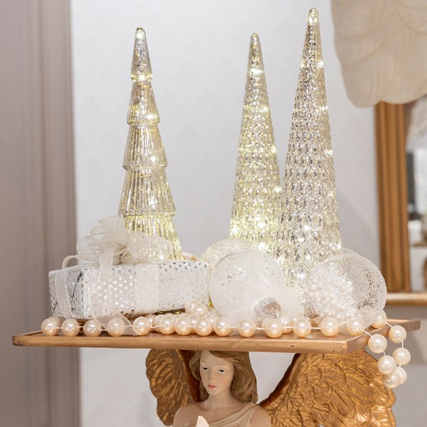 Weihnachtskugeln Glas mit Perlen Schnee 8cm klar transparent, 3er Set