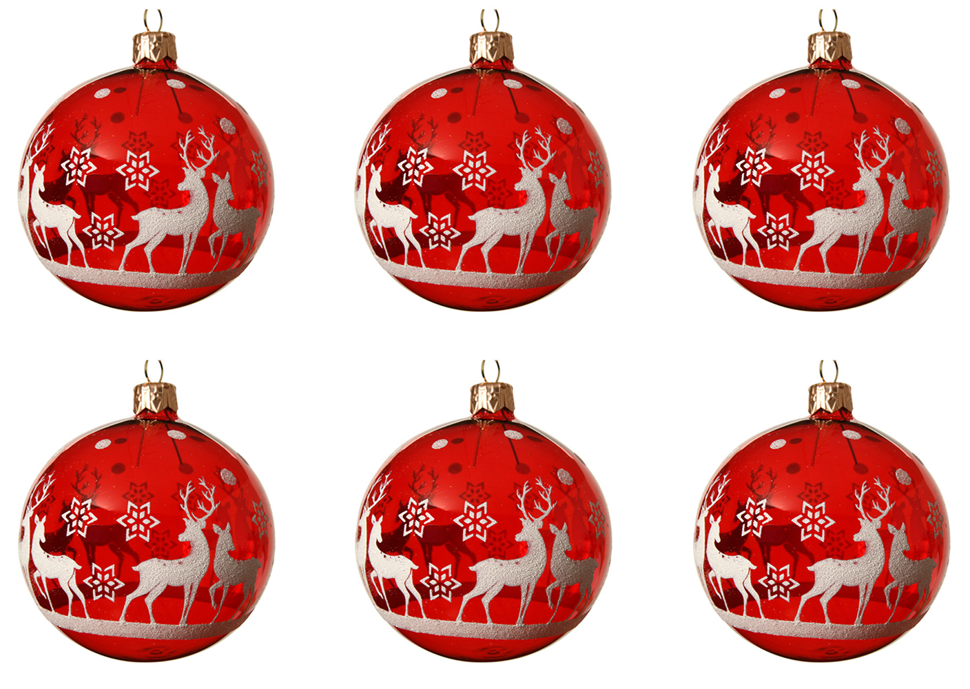 Weihnachtskugeln Glas 8cm Motiv Rentiere 6er Set - Rot transparent