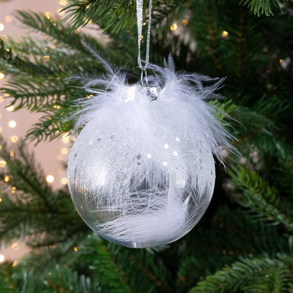 Weihnachtskugeln Kunststoff mit Federn 8cm klar transparent, 12er Set