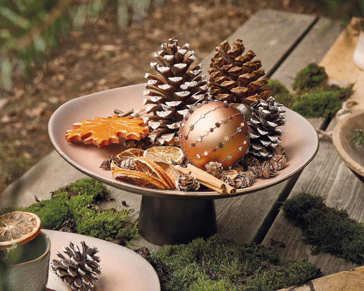 Potpourri aus Orangenscheiben, Zimtstangen und Kokossternen