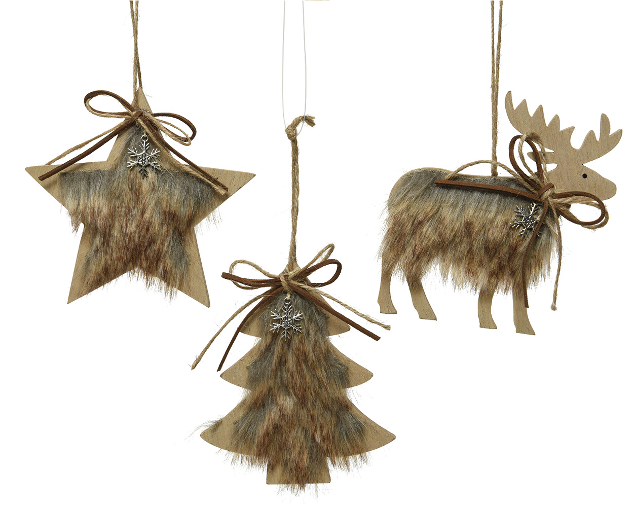 Paket] Christbaumschmuck Holz Hirsch / Tanne / Stern 12cm braun, 3er Set