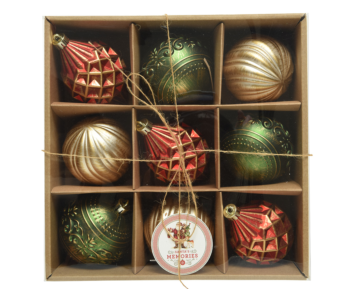 Weihnachtskugeln Kunststoff Vintage 8cm rot / gold / grün, 9er Set