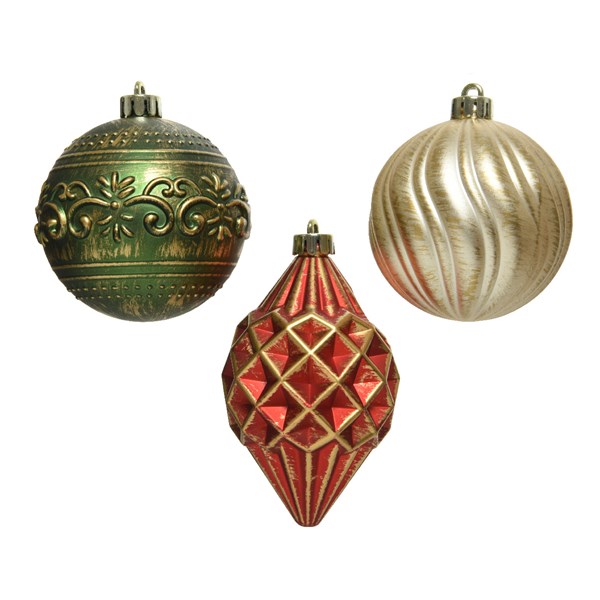 Weihnachtskugeln Kunststoff Vintage 8cm rot / gold / grün, 9er Set
