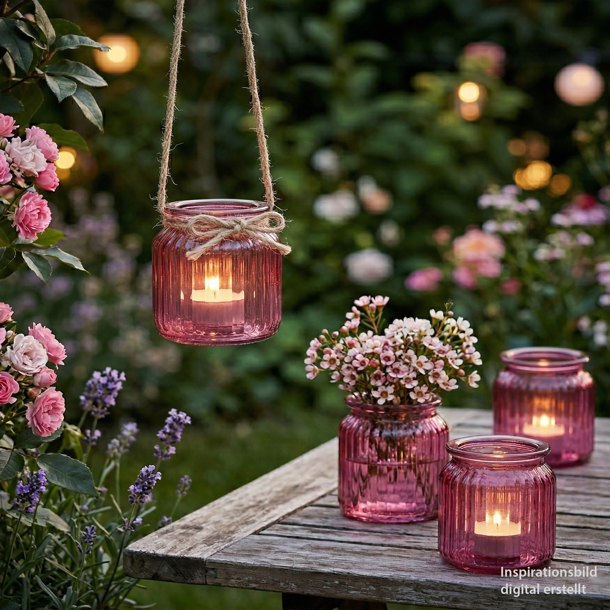 Windlicht Glas gerillt 8x9cm 4er Set rosa