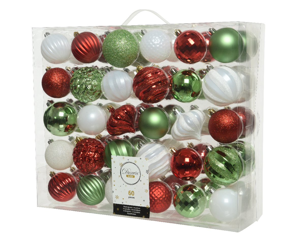 Weihnachtskugeln Kunststoff 6-7cm Ornamente 60er Set - Rot Weiß Grün