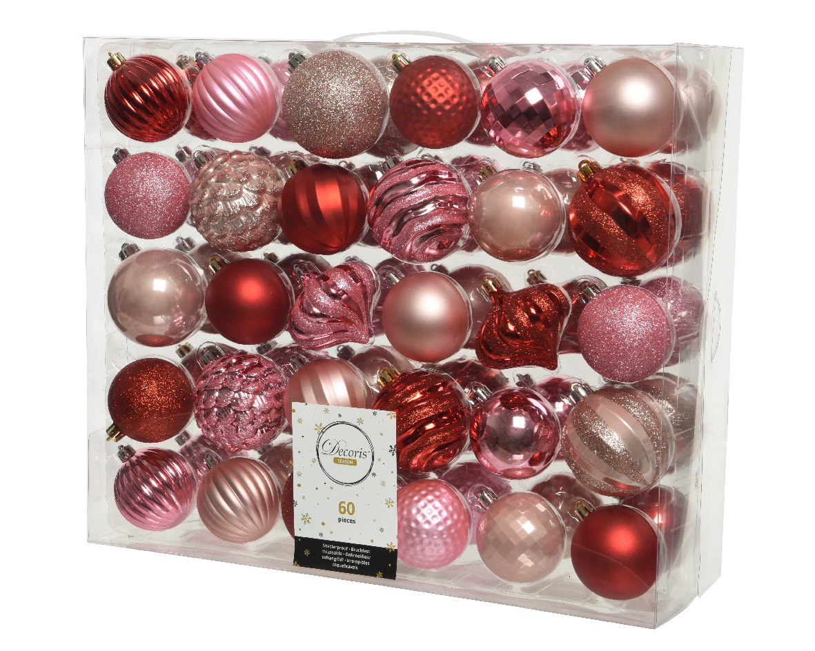 Weihnachtskugeln Kunststoff 6-7cm Ornamente 60er Set - Rot Pink Rosa
