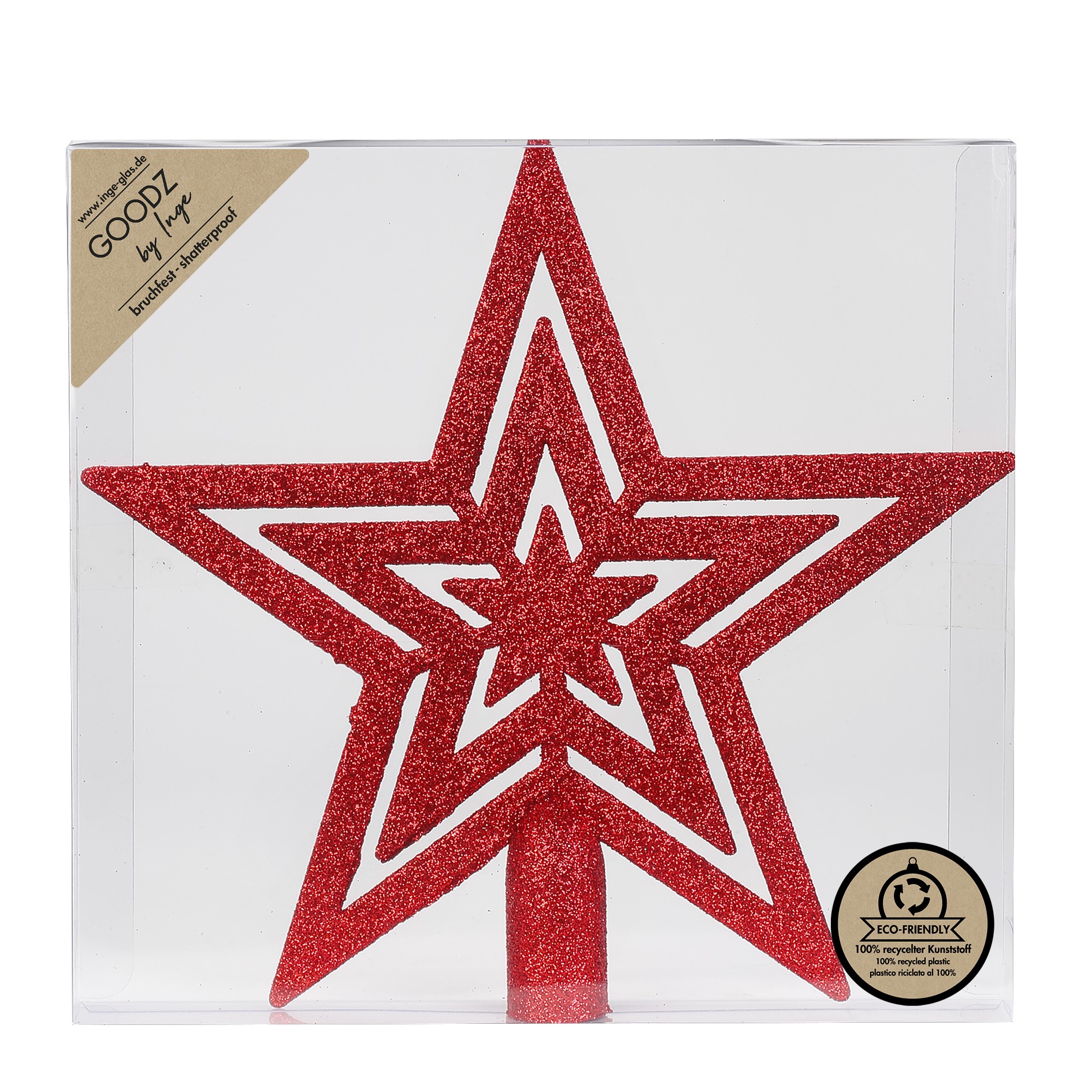 Christbaumspitze Stern 21,5cm Kunststoff mit Glitzer - Rot