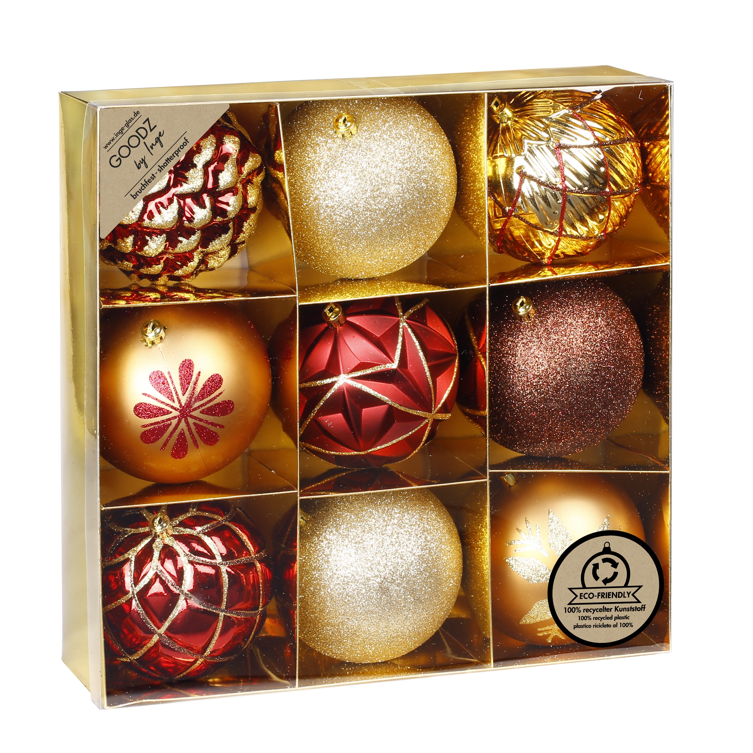 Weihnachtskugeln Kunststoff 10cm Muster Mix 9er Set Rot / Gold / Braun