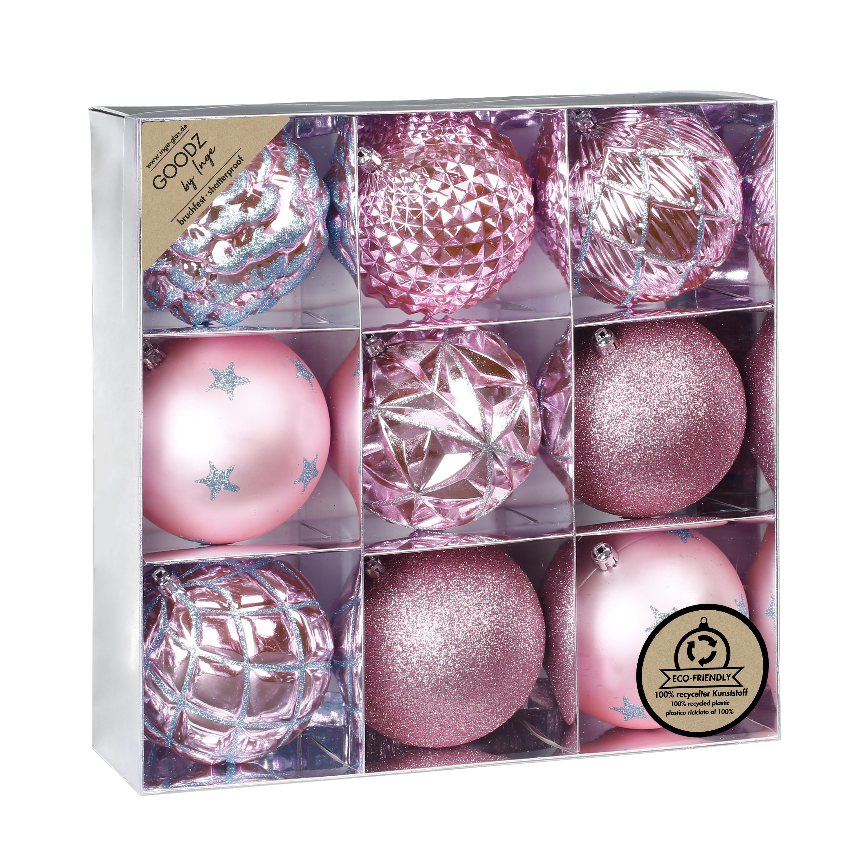 Weihnachtskugeln Kunststoff 10cm Muster / Glitzer Mix 9er Set - Rosa