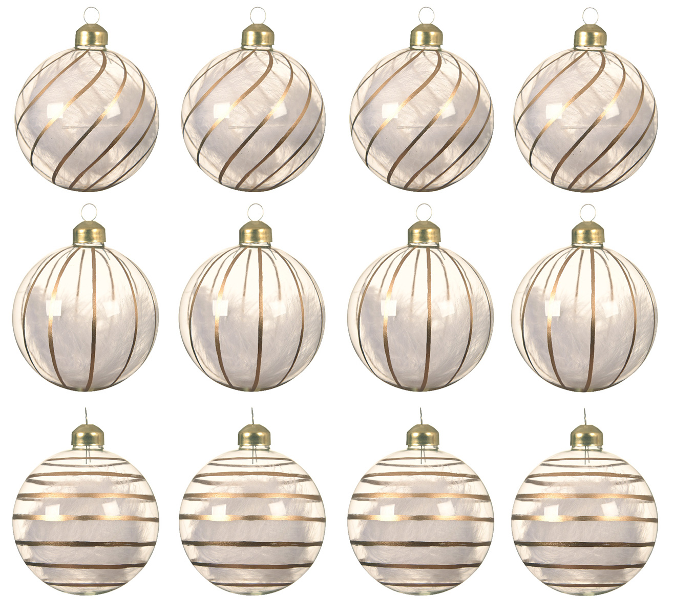 Weihnachtskugeln Glas 8cm mit Streifen / Federn gefüllt 12er Set klar