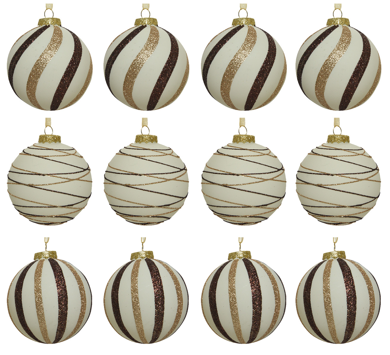 Weihnachtskugeln Glas 8cm Streifen Muster 12er Set Wollweiß / Braun