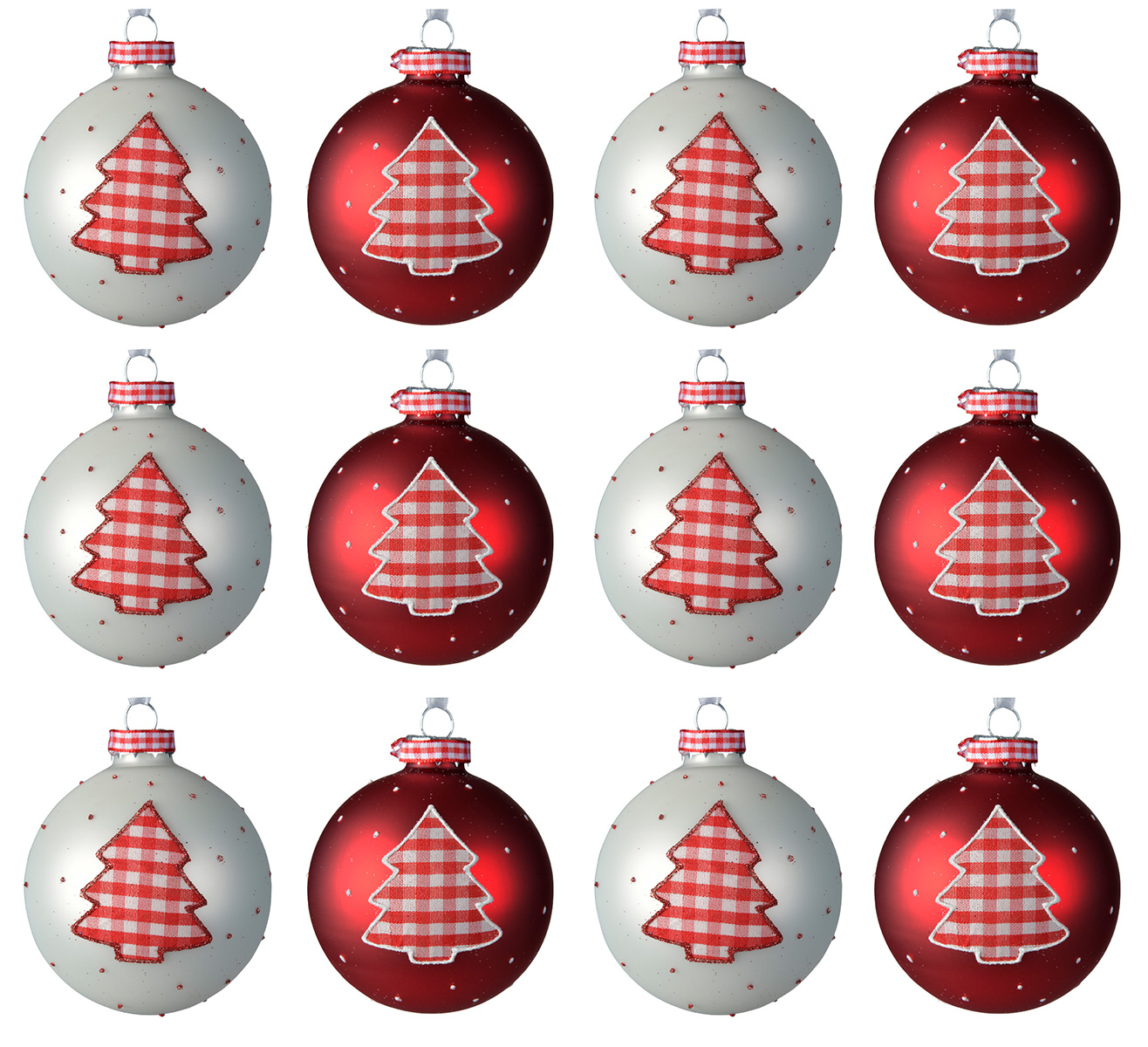 Weihnachtskugeln Glas 8cm mit Tannenbaum Motiv 12er Set rot / weiß