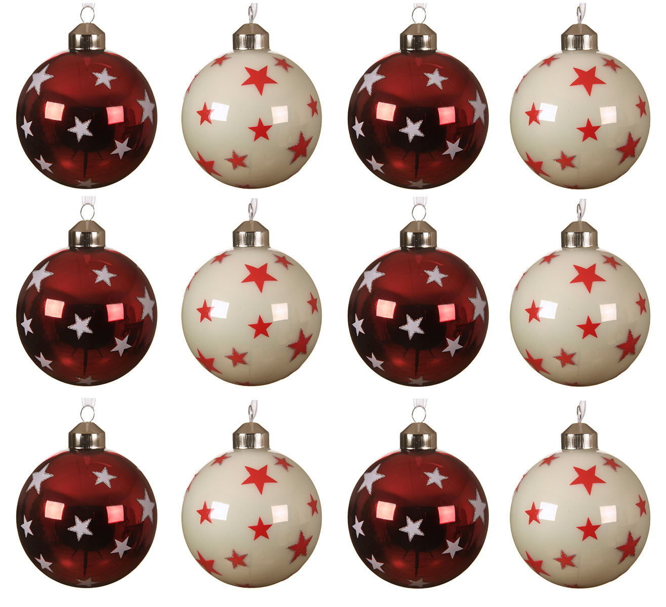 Weihnachtskugeln Glas 8cm mit Sternen Muster 12er Set rot / weiß