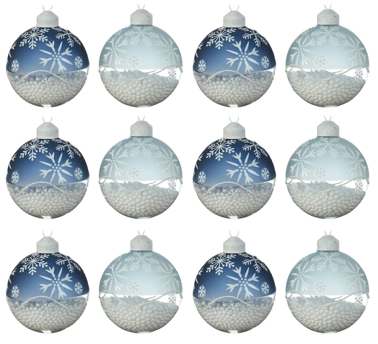 Weihnachtskugeln Glas 8cm mit Schneeflocken Motiv 12er Set blau mix