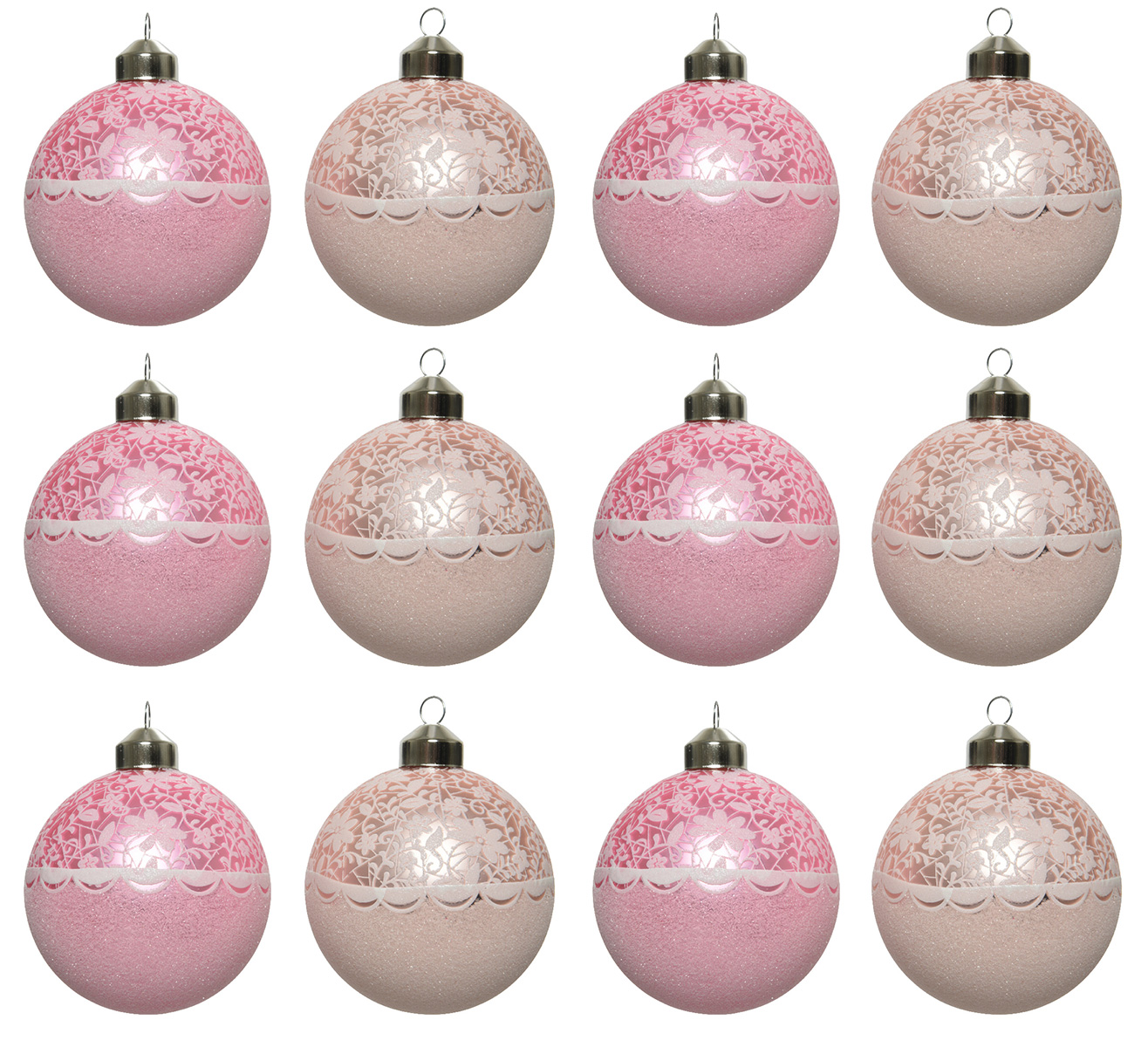 Weihnachtskugeln Glas 8cm mit Blumen Ornament 12er Set pink / rosa