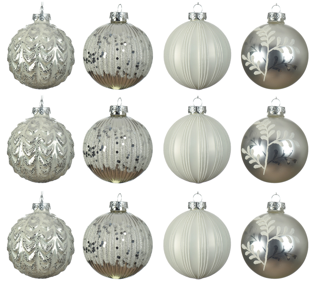 Weihnachtskugeln Glas 8cm mit Muster / Streifen 12er Set silber / weiß