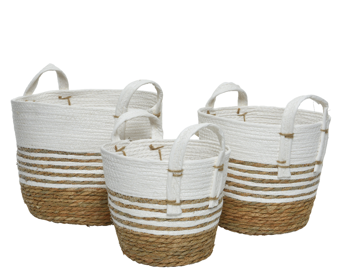 Korb geflochten mit Henkel 24x20cm + 28x24cm + 32x25cm weiß 3er Set