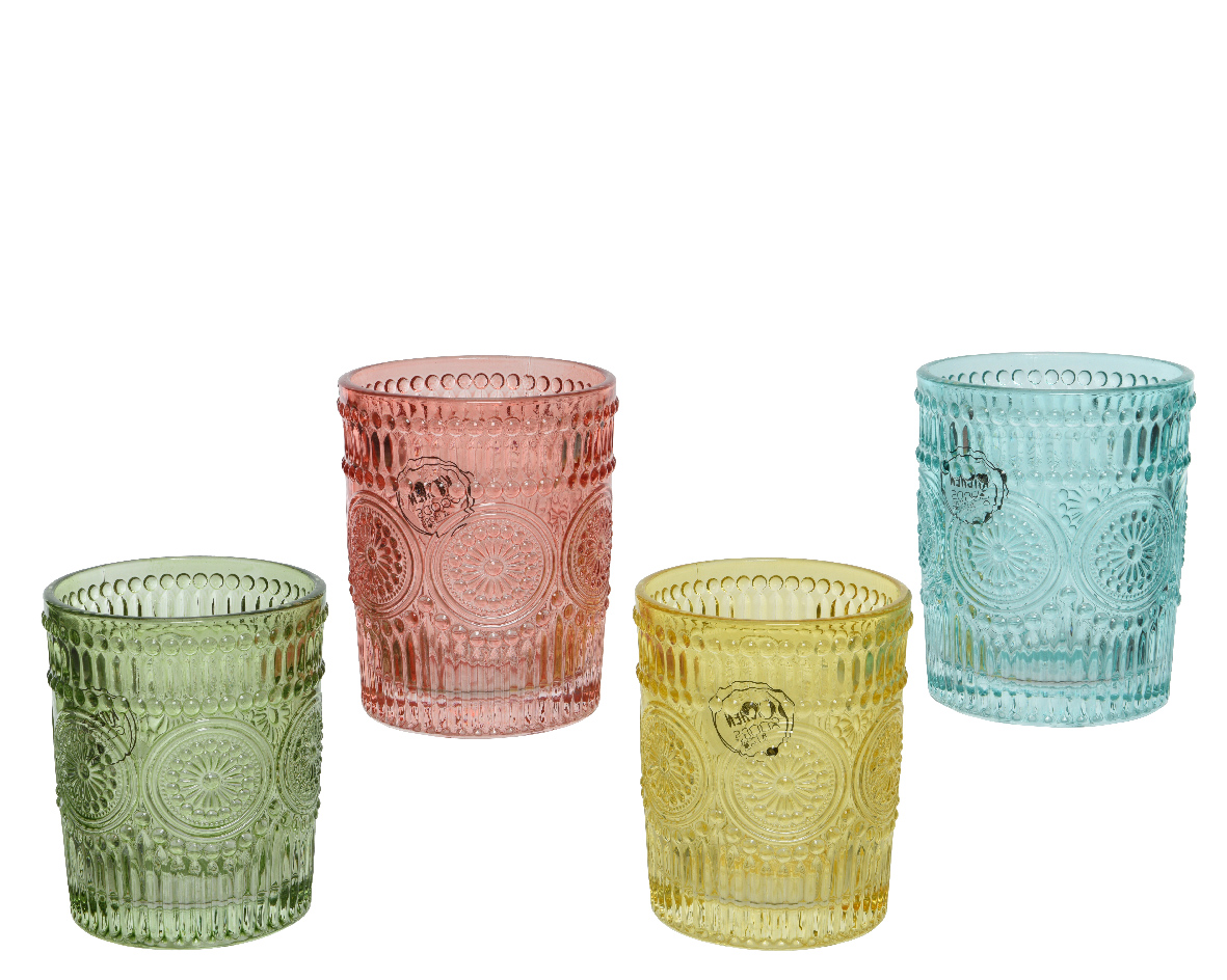 Paket] Trinkgläser aus Glas mit Ornament Muster 10cm bunt 300ml 4er Set