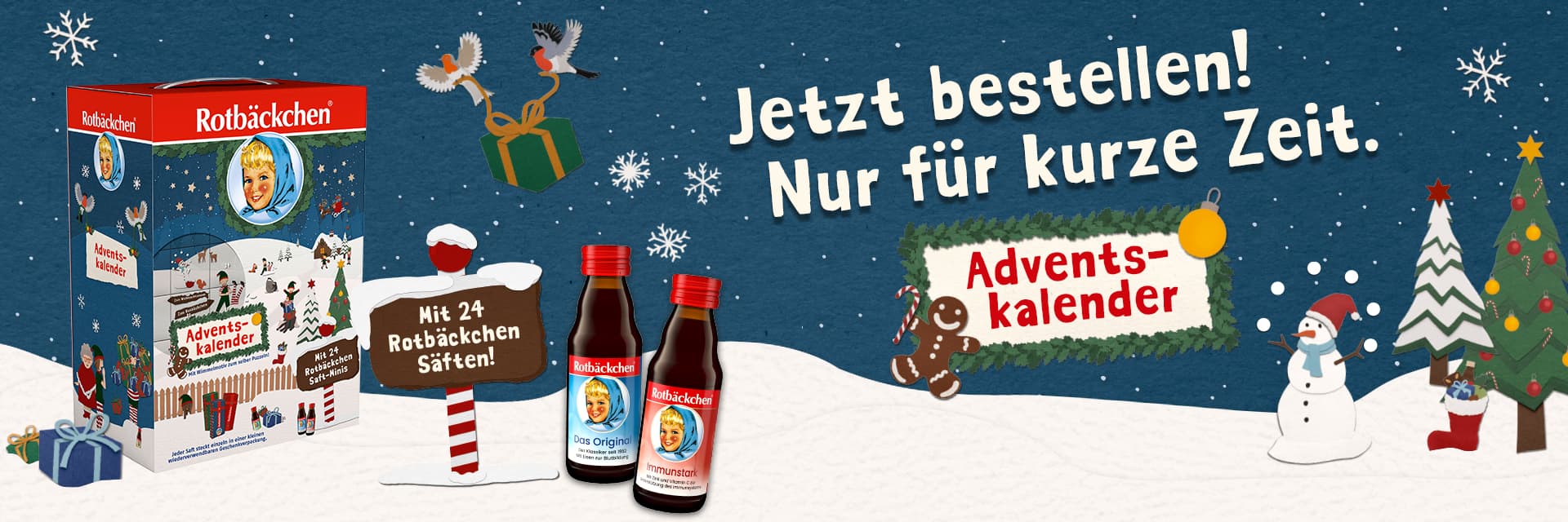 Rotbäckchen Adventskalender 2026 auf weihnachtlichem Schneebild